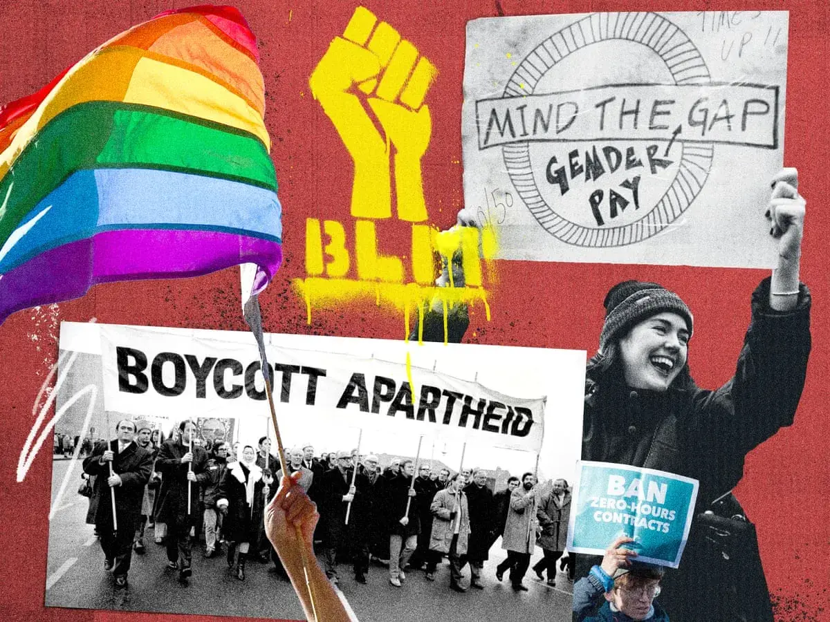 Collage of protest imagery: rainbow flag, BLM fist, "Boycott Apartheid" banner, and signs advocating for gender pay equity and banning zero-hours contracts, reflecting DEI considerations.