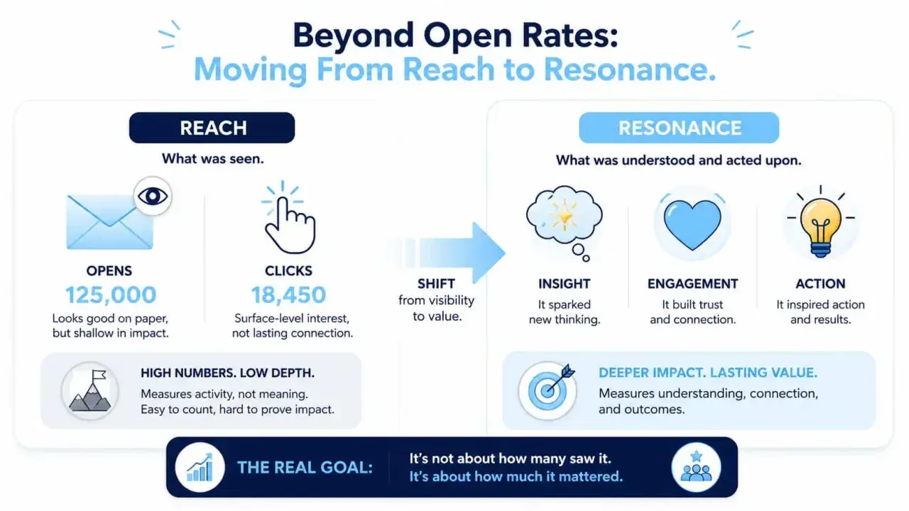 Infographic comparing "Reach" (opens, clicks) to "Resonance" (insight, engagement, action) for measuring internal communications.