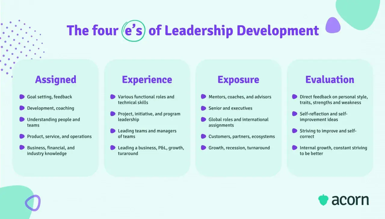 The four 'e's of leadership development: Assigned, Experience, Exposure, and Evaluation. This infographic outlines key components for c suite leadership training.
