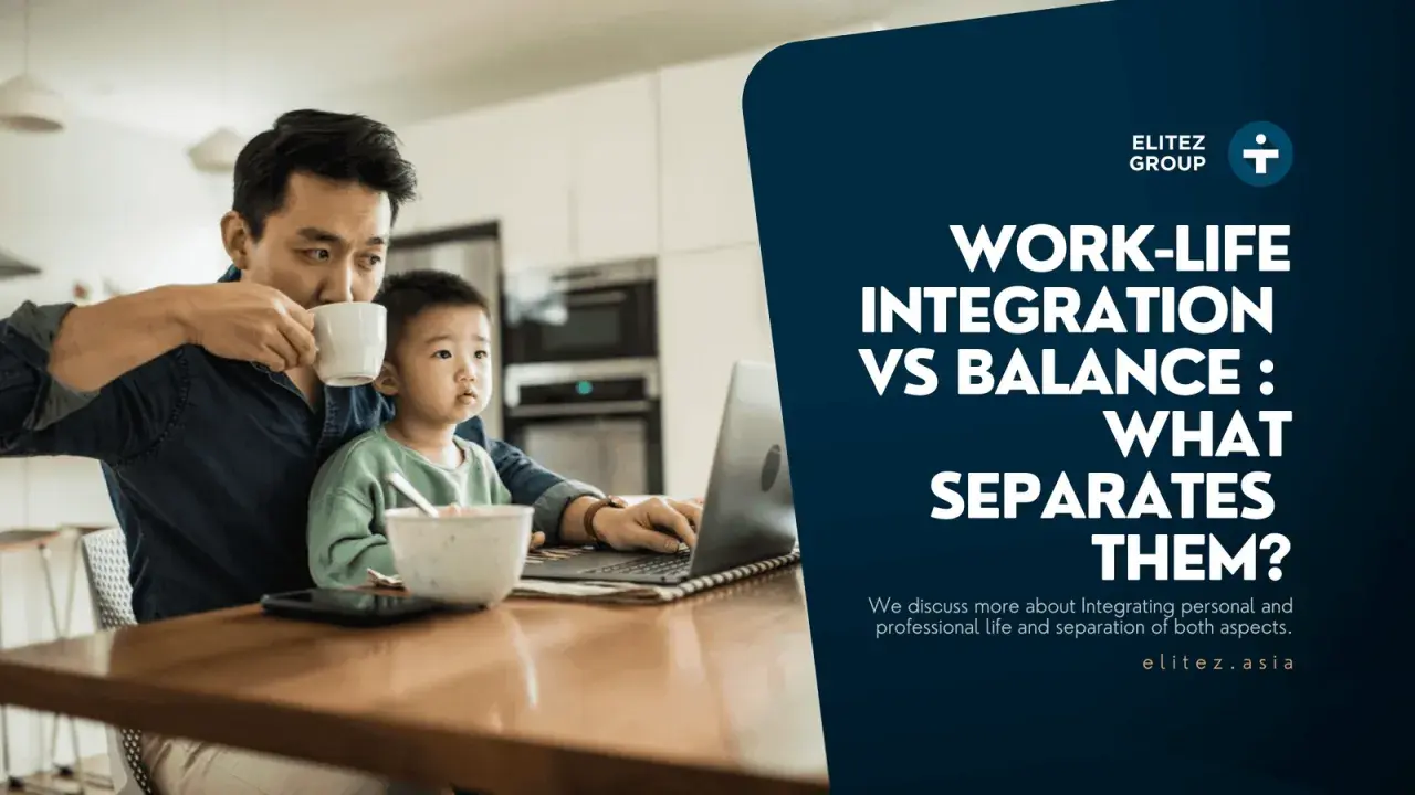 A father drinks coffee while his child sits on his lap, both looking at a laptop. The image explores work-life integration vs balance.