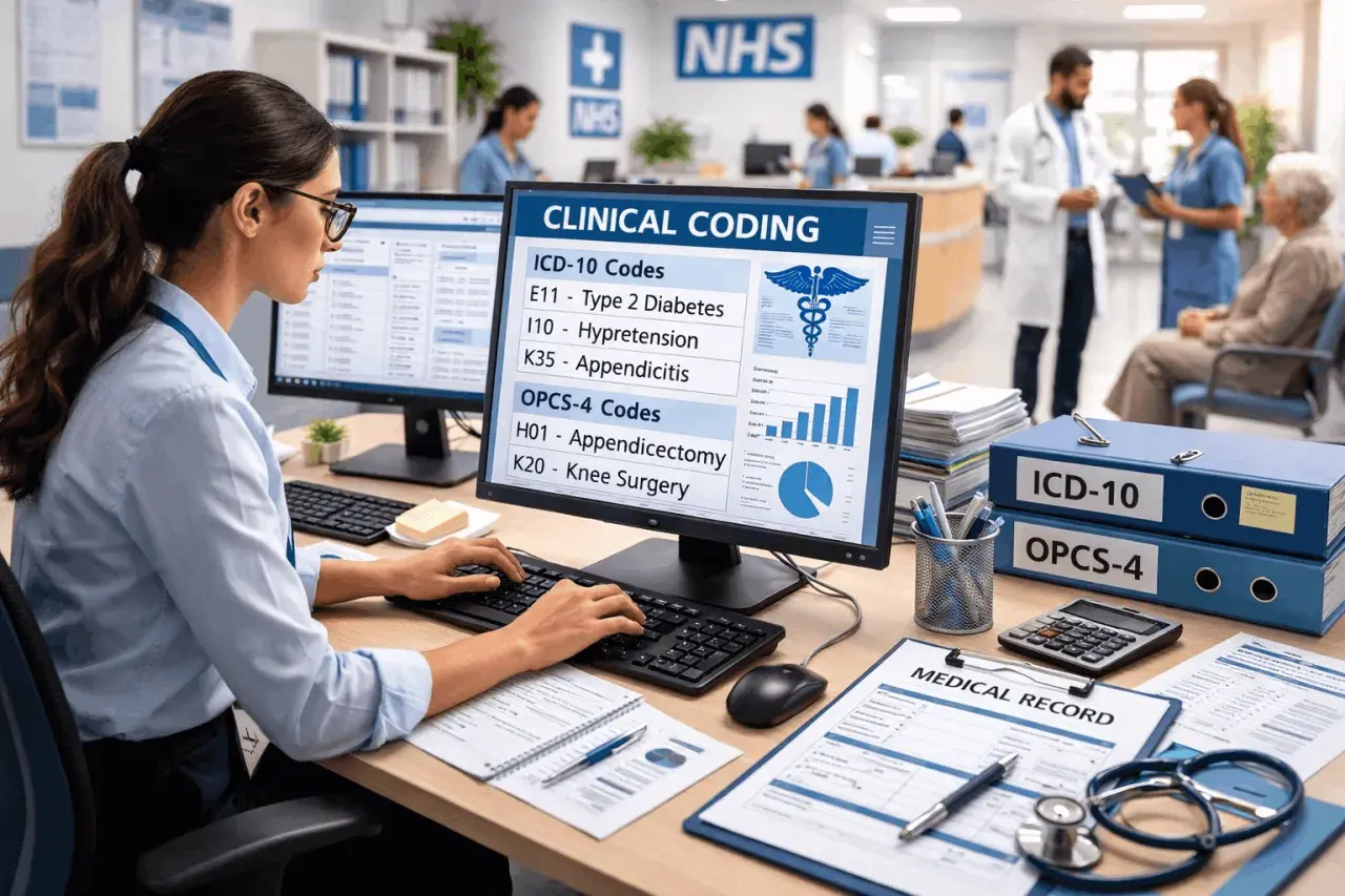 A medical coder works at a computer, learning clinical coding for billing. The screen displays ICD-10 and OPCS-4 codes.