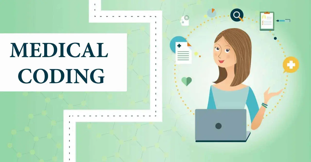 Learn medical billing and coding online with this illustration. A woman with a laptop is surrounded by icons representing healthcare and data.