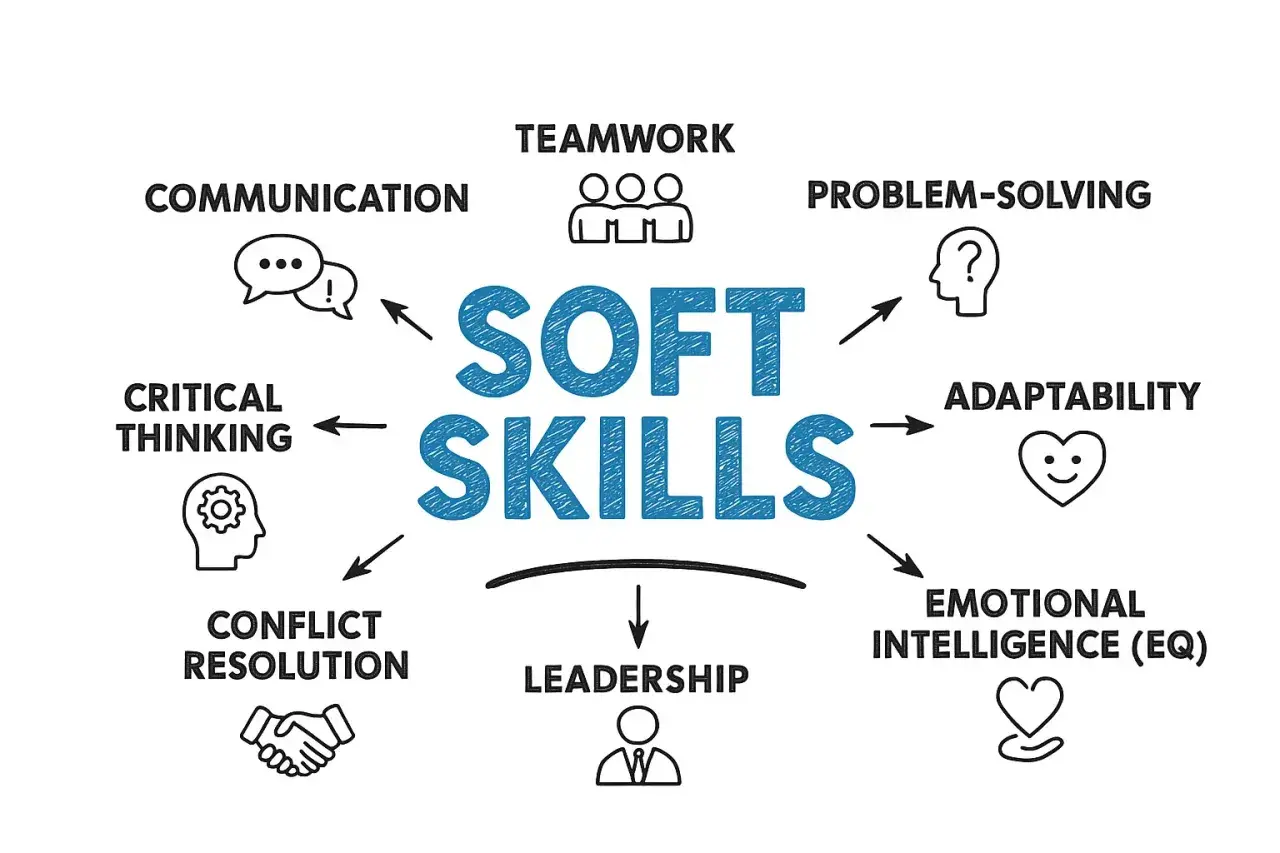 Mind map illustrating various types of skills, including communication, teamwork, problem-solving, critical thinking, conflict resolution, leadership, adaptability, and emotional intelligence.