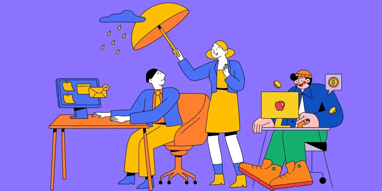 A woman holds an umbrella over a man stressed by emails, showing empathy. Another person works on a laptop with Bitcoin symbols.