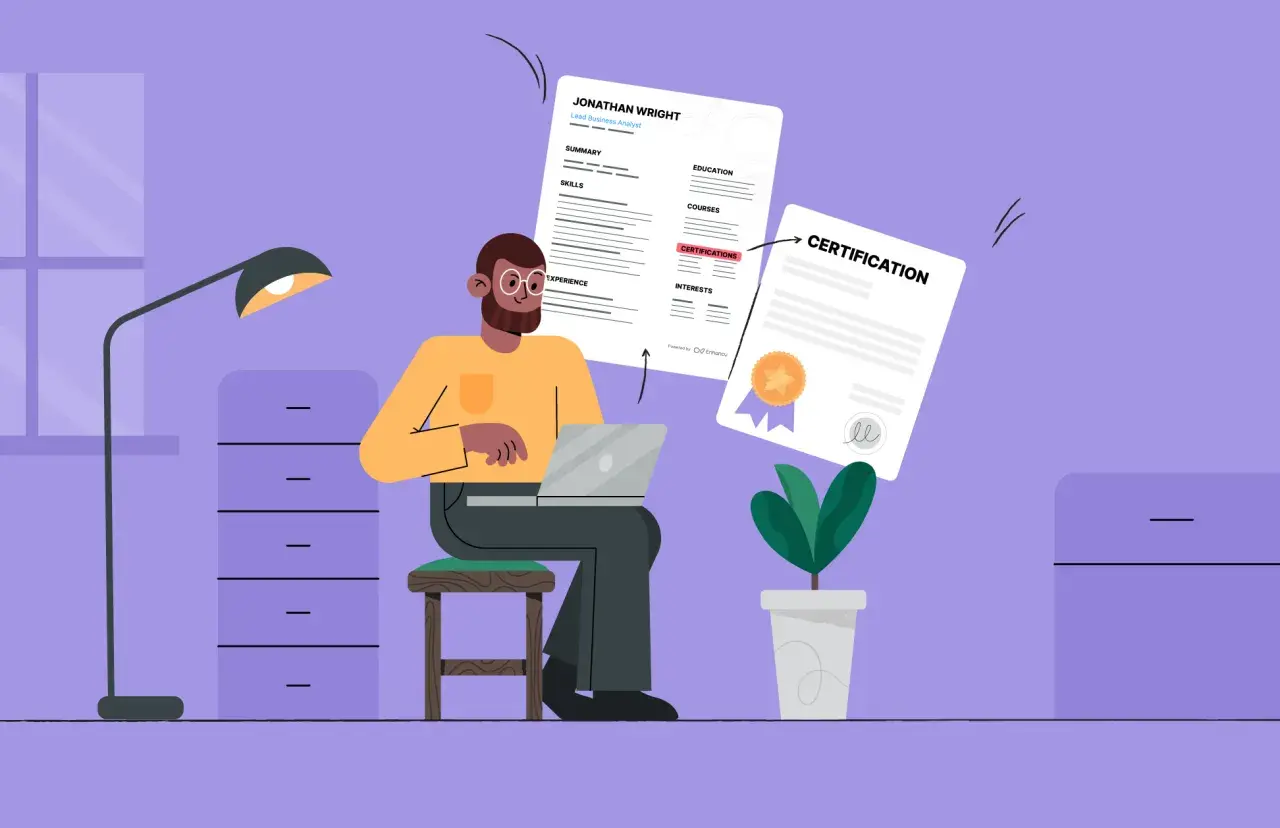 A man works on a laptop, with a resume and a certification document displayed. The resume highlights "Certifications" as a section, showing how to list certifications on resume.