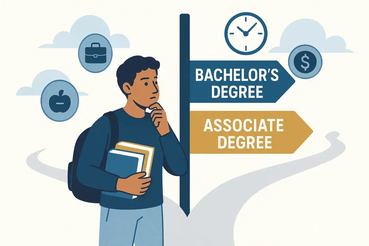 A student ponders their future, with signs pointing to a Bachelor's or Associate Degree, considering career and education paths.