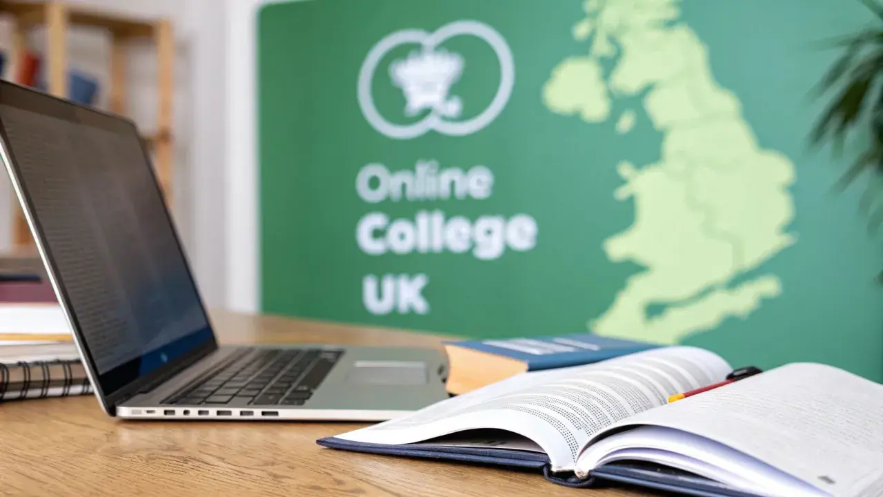 A laptop and open books on a desk, with a green banner in the background displaying "Online College UK" and a map of Great Britain.