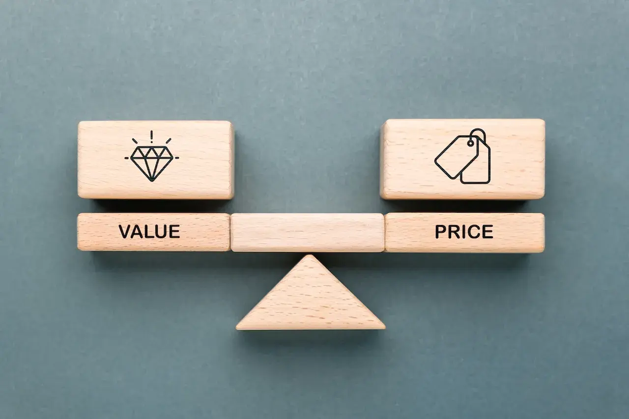 A balance scale with blocks showing a diamond for "VALUE" and price tags for "PRICE." Considering the CPC certification cost is key.