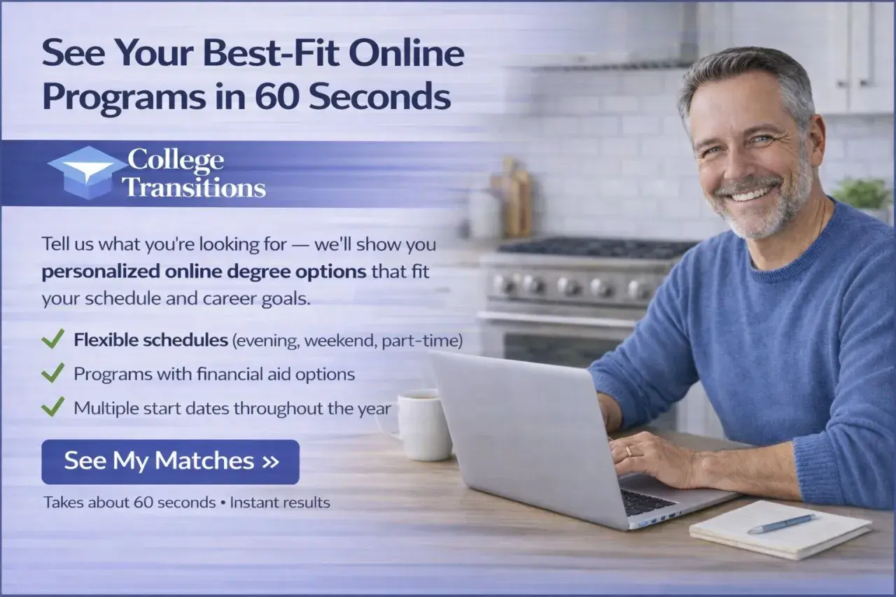 Man smiles at laptop, finding best online associate degree programs with College Transitions.