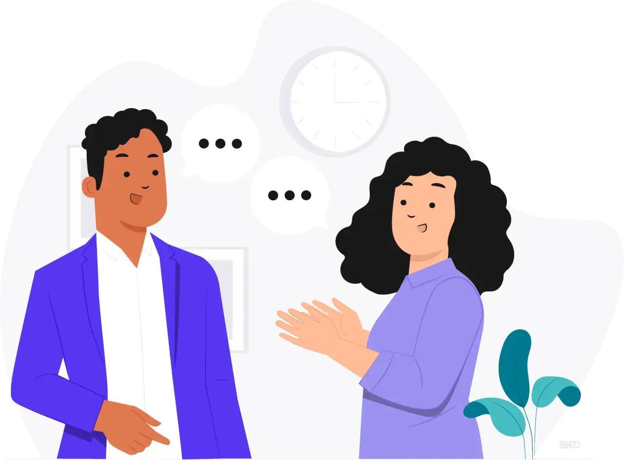 Two people engage in calm communication, with speech bubbles indicating their conversation. A clock hangs in the background.
