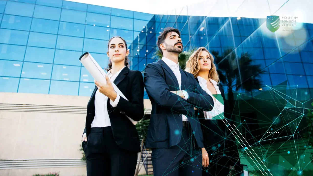 Three professionals stand confidently before a modern building, ready to embrace the future with a certificate in information technology online.