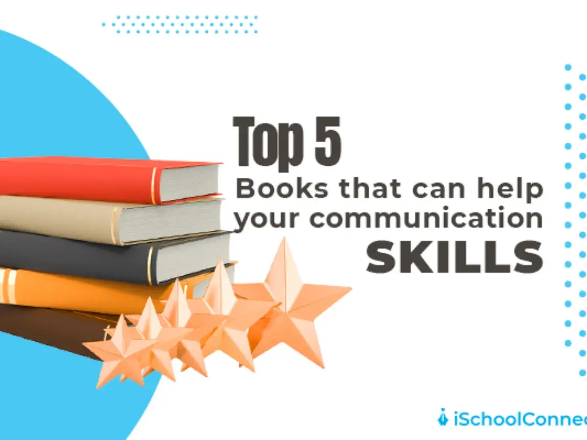 Stack of books with stars, featuring "Top 5 Books that can help your communication SKILLS.