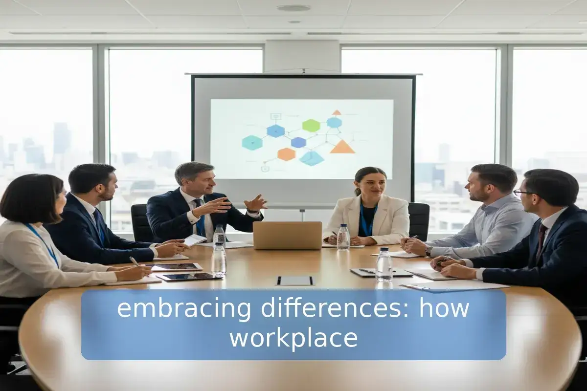 Business meeting discussing DEI considerations. Diverse team collaborates around a table, with a presentation on screen.