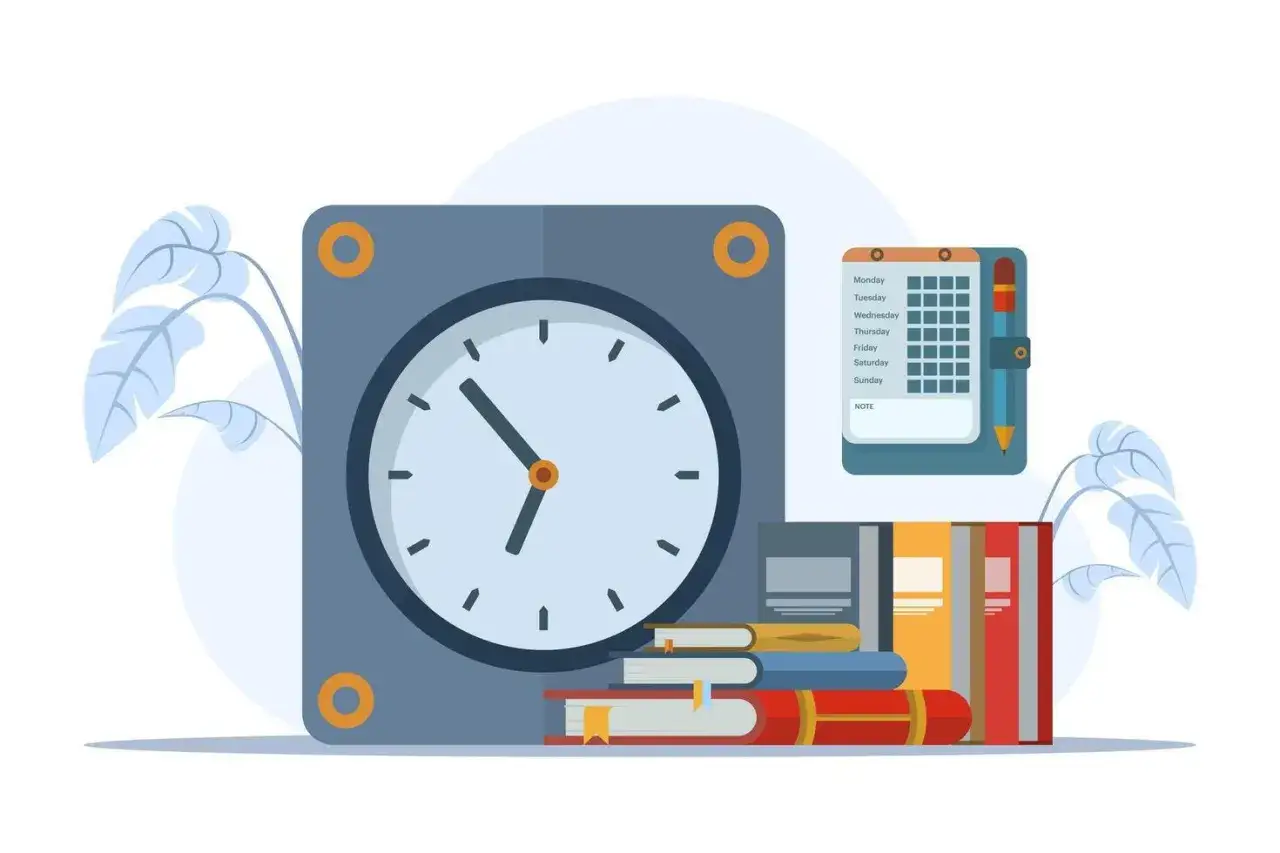 A clock, books, and a calendar with a pen suggest how to run short and effective meetings by managing time and planning.