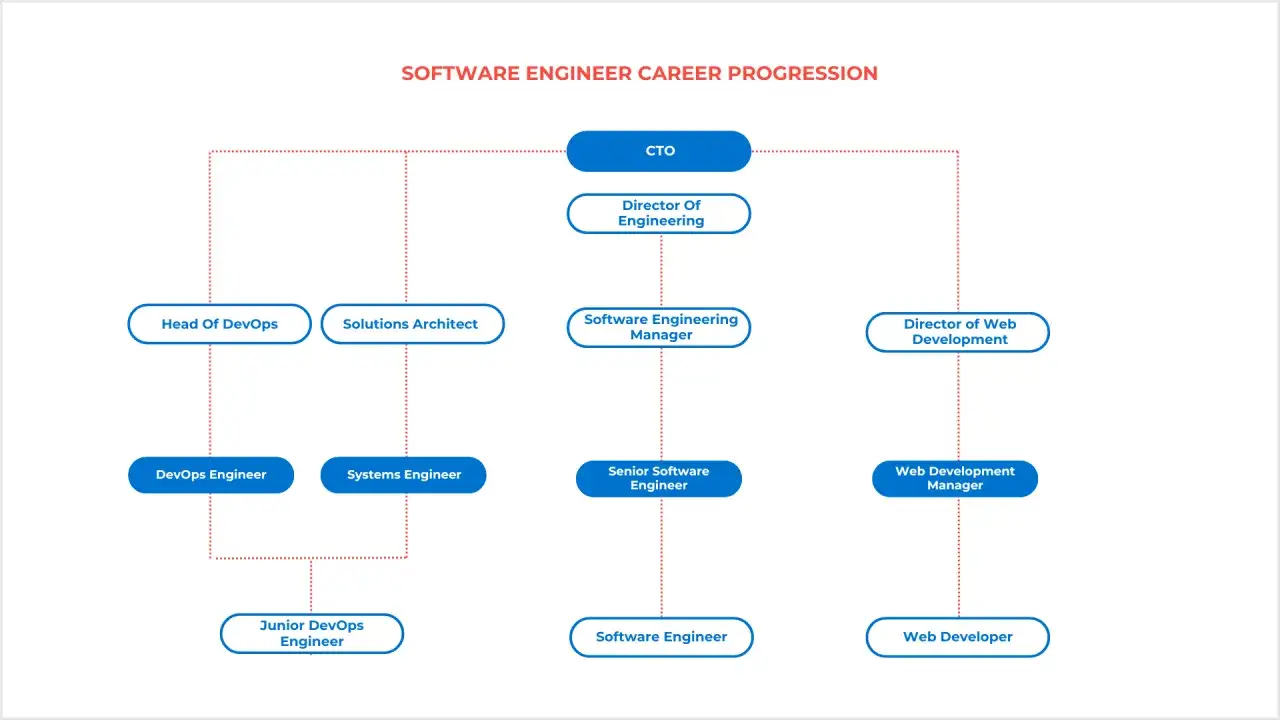 Flowchart showing software developer roles and career progression from Junior DevOps Engineer to CTO.