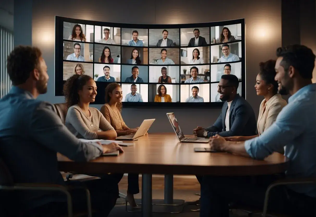 A diverse team collaborates in a modern office, with a large screen displaying faces from a video conference, showcasing effective remote team leadership.