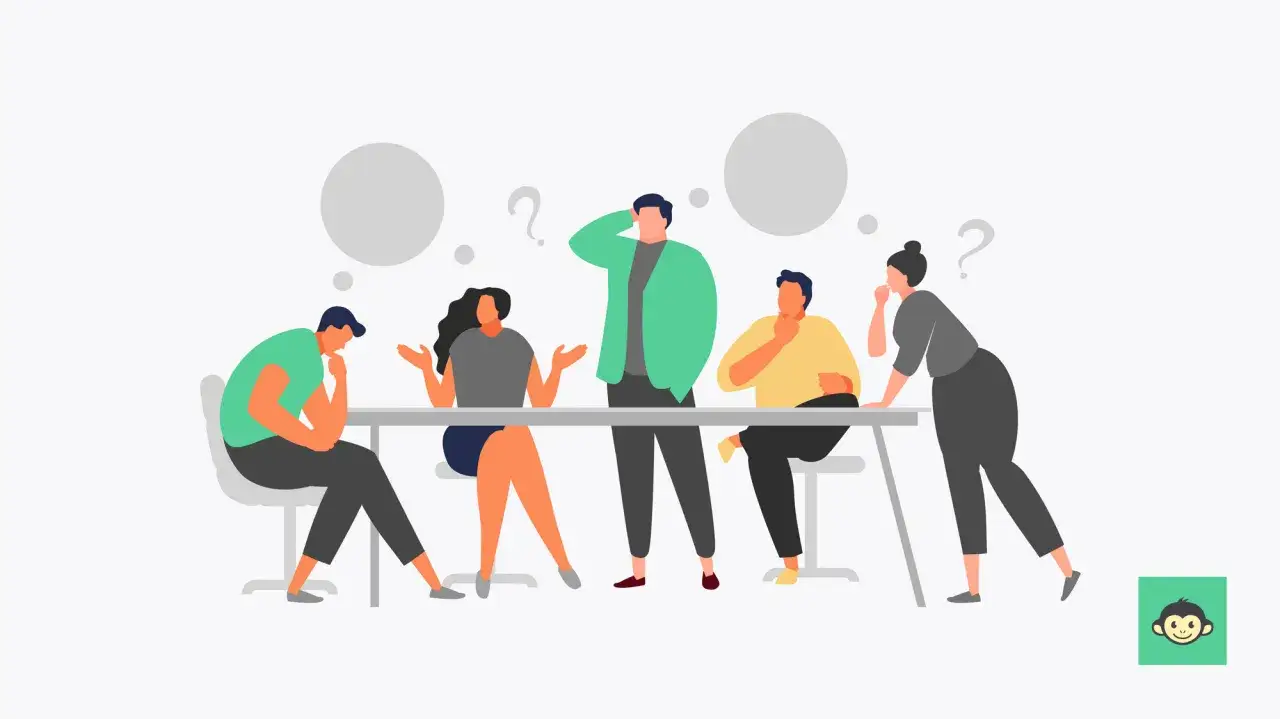 Team brainstorming for best internal communications campaigns. People look confused, with question marks and thought bubbles.