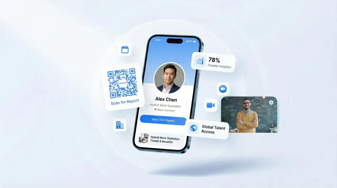 A smartphone displays a profile for Alex Chen, Hybrid Work Specialist, surrounded by icons representing calendar, QR code, building, video calls, and global talent access, illustrating internal communication trends.