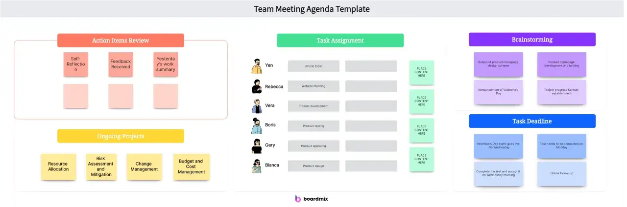 Team meeting agenda template showing how to run meetings with sections for action items, task assignment, brainstorming, and task deadlines.