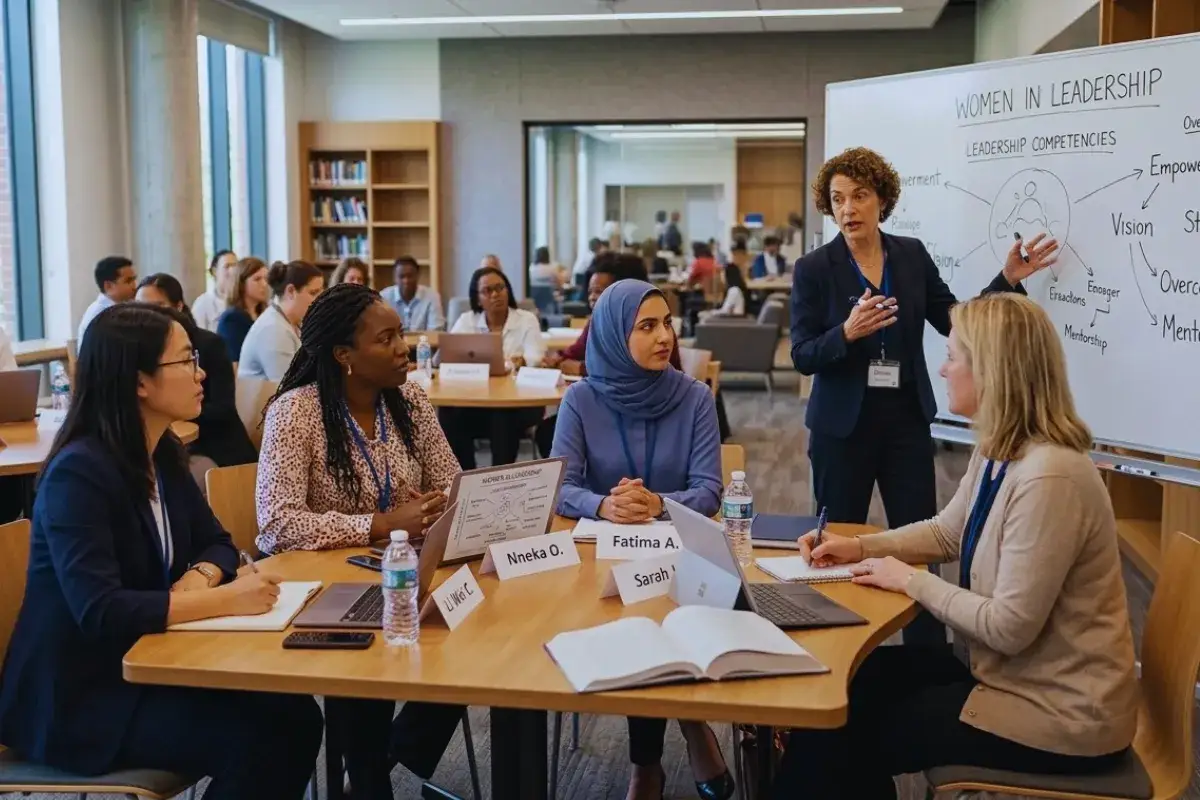 A diverse group of women engage in a 