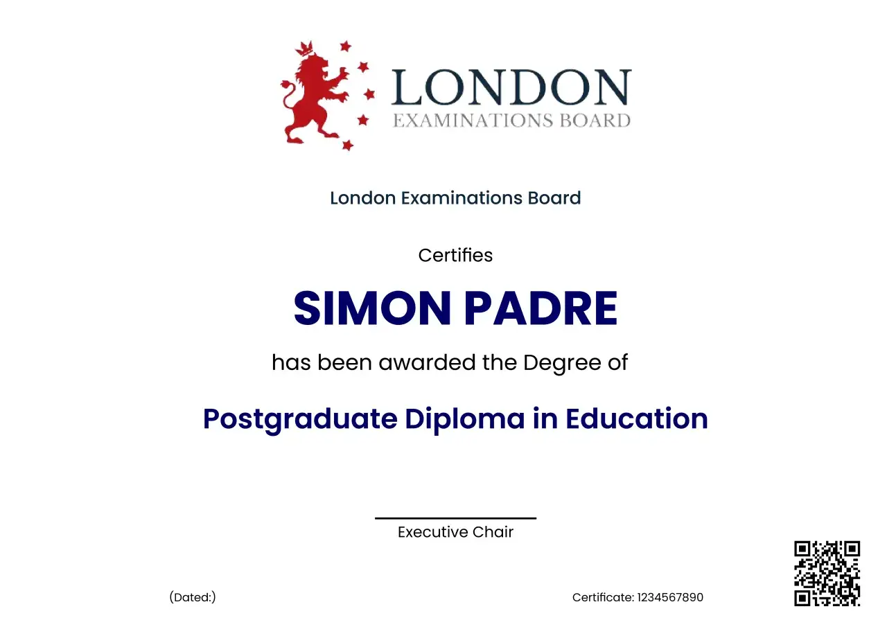 Certificate awarded to Simon Padre for a Postgraduate Diploma in Education from London Examinations Board, showcasing successful completion of graduate certificate programs.