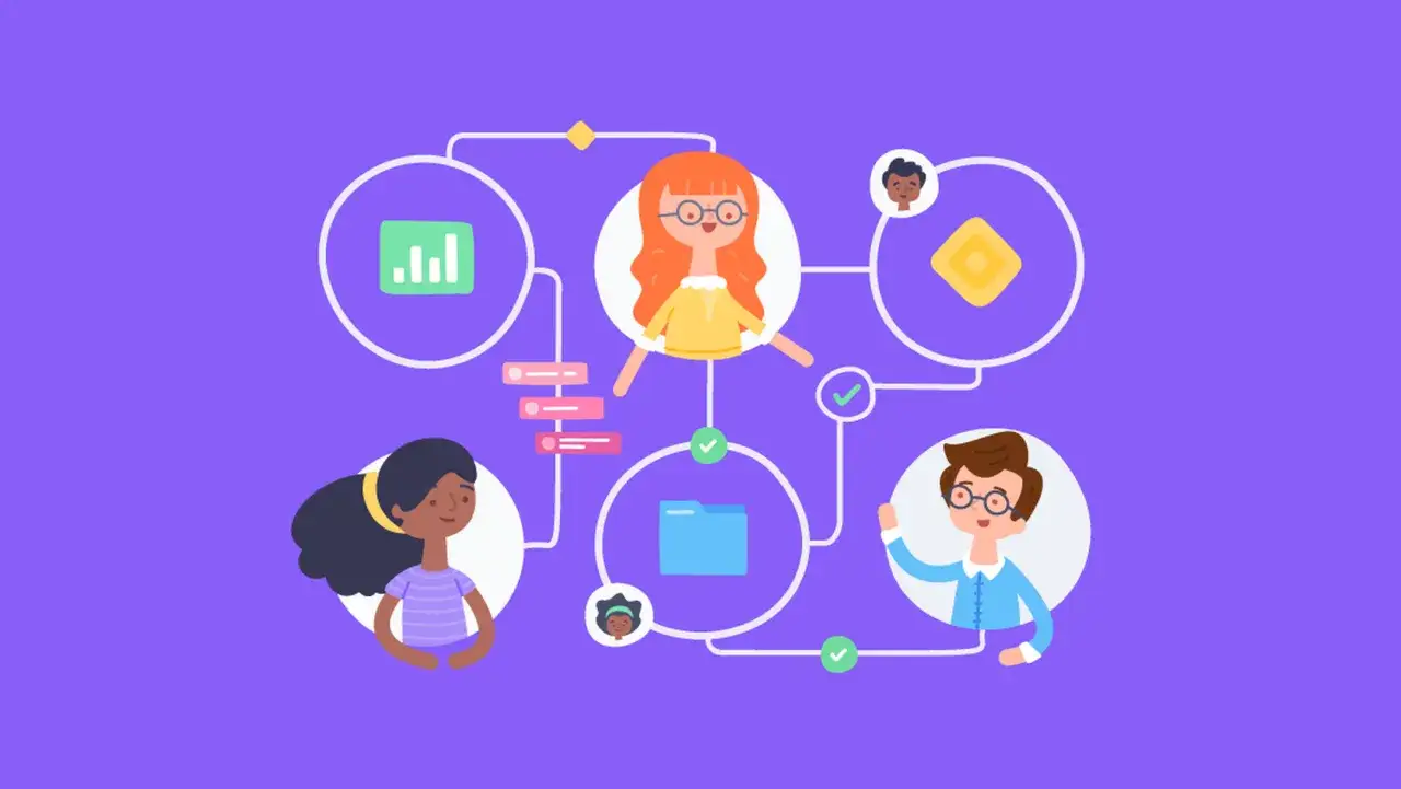 Illustrating the team charter meaning: diverse team members connected by a flowchart of tasks, goals, and progress indicators.