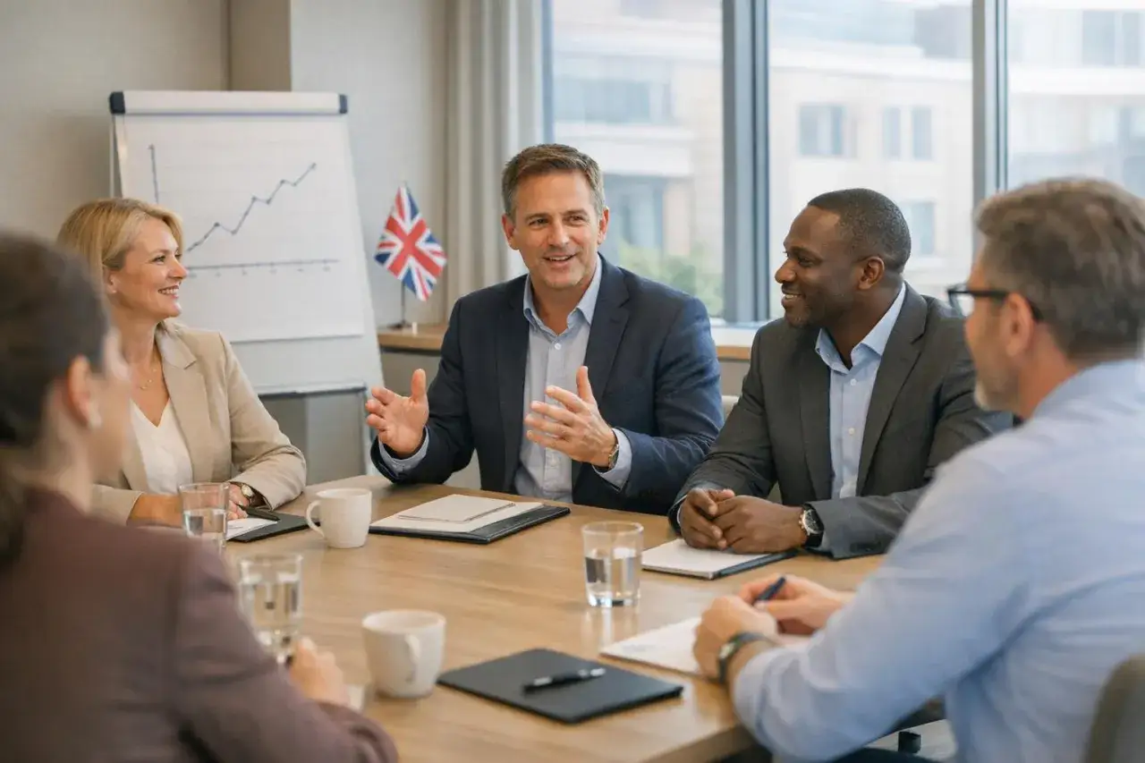 Diverse executives engage in c suite leadership training, discussing growth strategies with a Union Jack flag present.