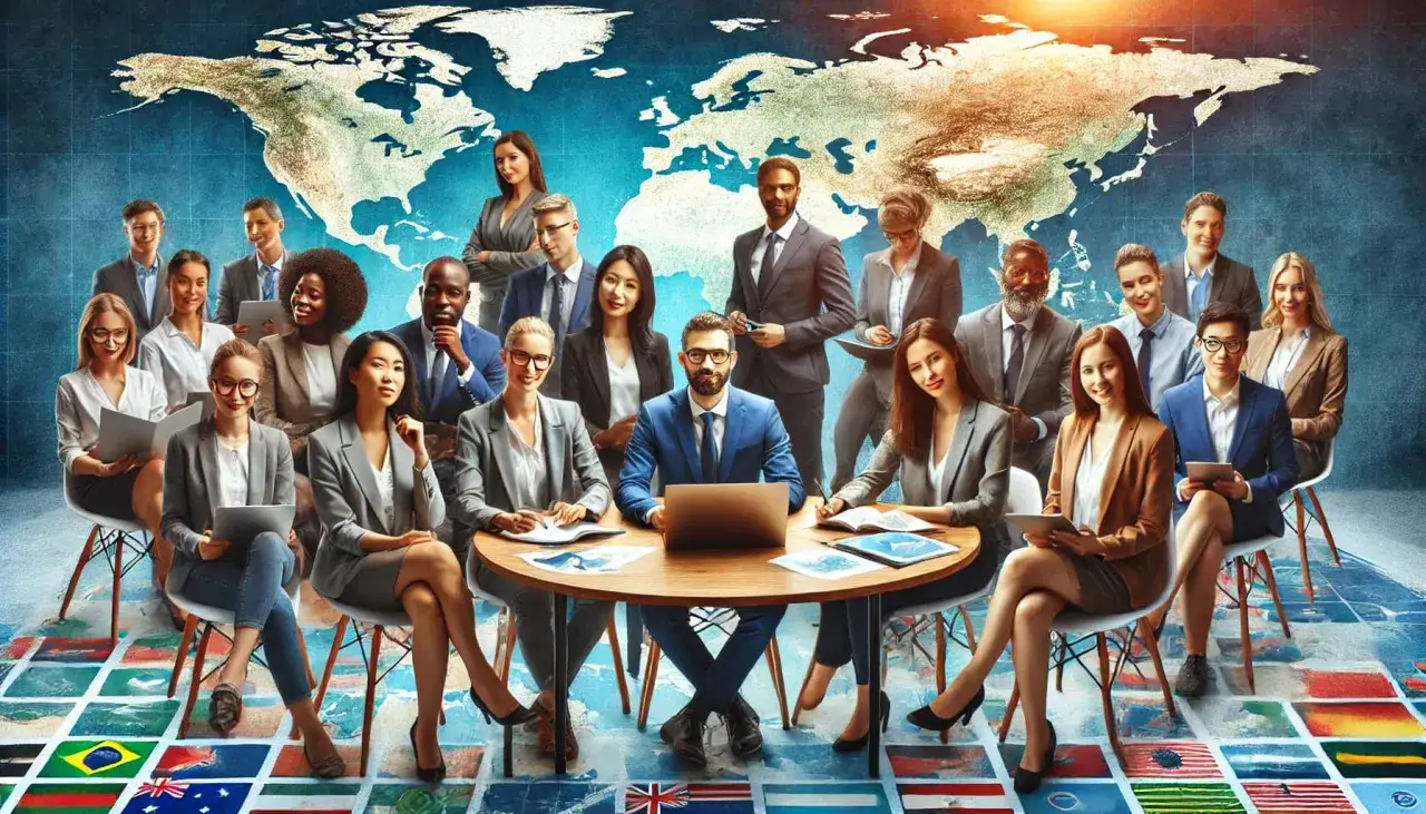 Diverse professionals gather, symbolizing global collaboration and autonomy in communication, with a world map backdrop.