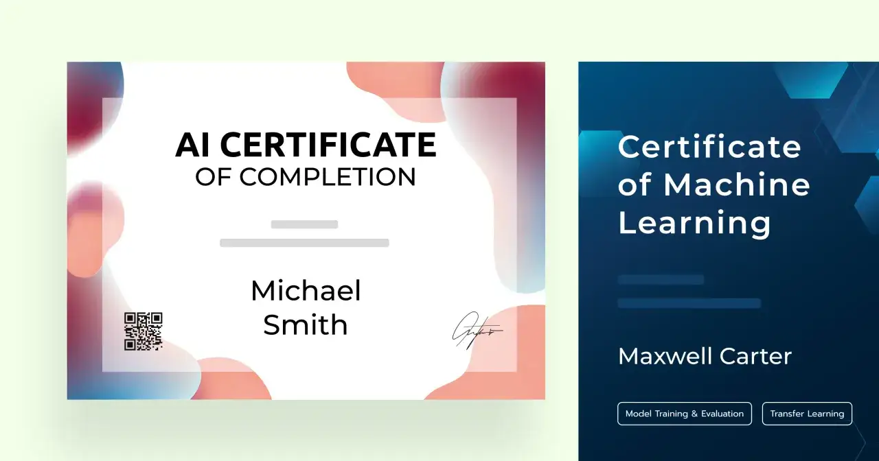 Certificates of completion for AI and Machine Learning courses, showcasing Michael Smith and Maxwell Carter. Explore free AI courses with certificates.