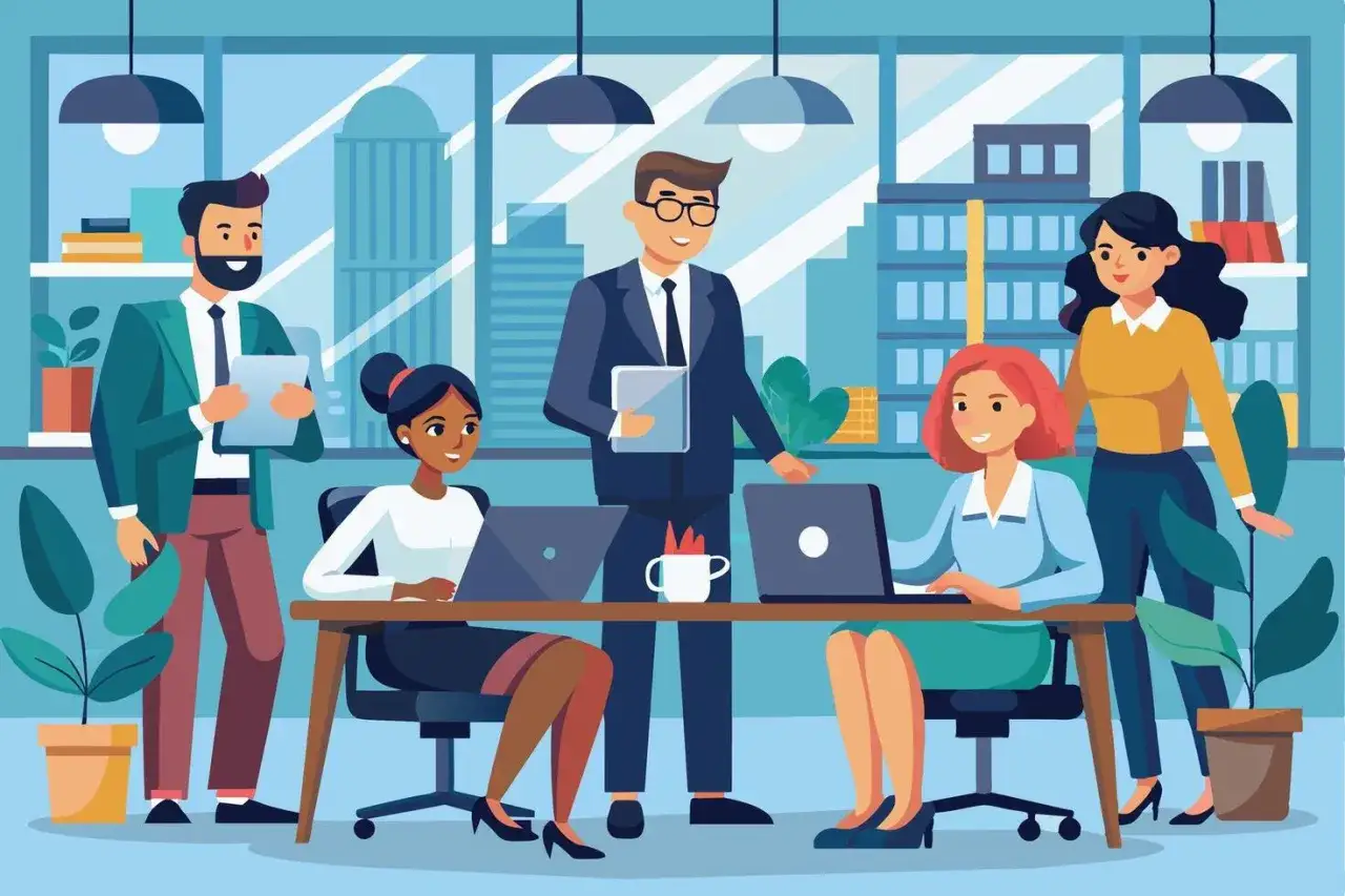 A diverse team collaborates in an office, showing what's empathy in action as they support each other's work.