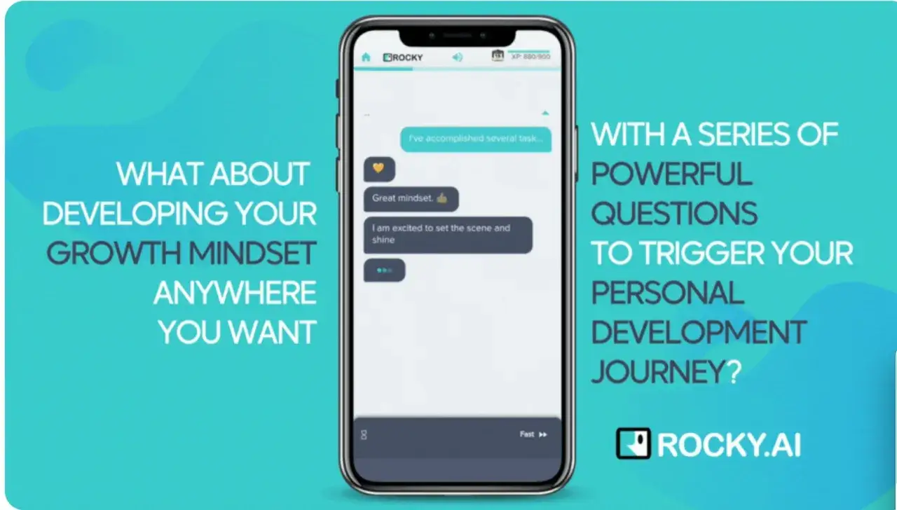 A smartphone displays a chat with a digital coach, Rocky.AI, offering powerful questions for personal development and growth mindset.