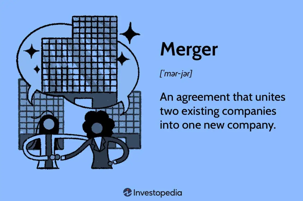 Two figures shake hands, symbolizing a merger. Five possible reasons for mergers include market expansion, cost reduction, acquiring new tech, diversification, and increased market share.