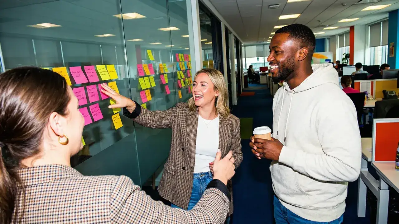 Team brainstorming on a glass wall with sticky notes, a collaborative effort in building employee advocacy.
