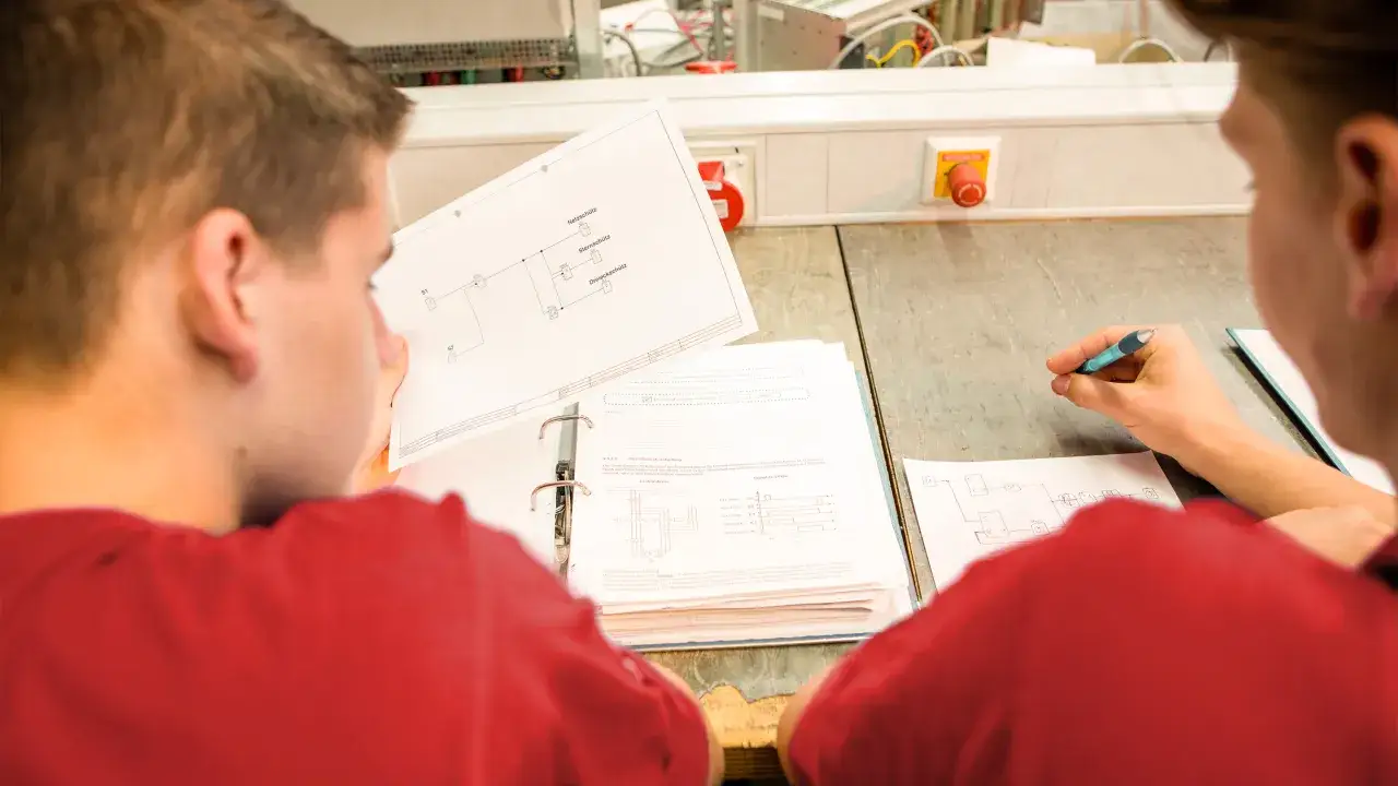 Students in red shirts review technical diagrams, learning about electrical engineering for future course careers.