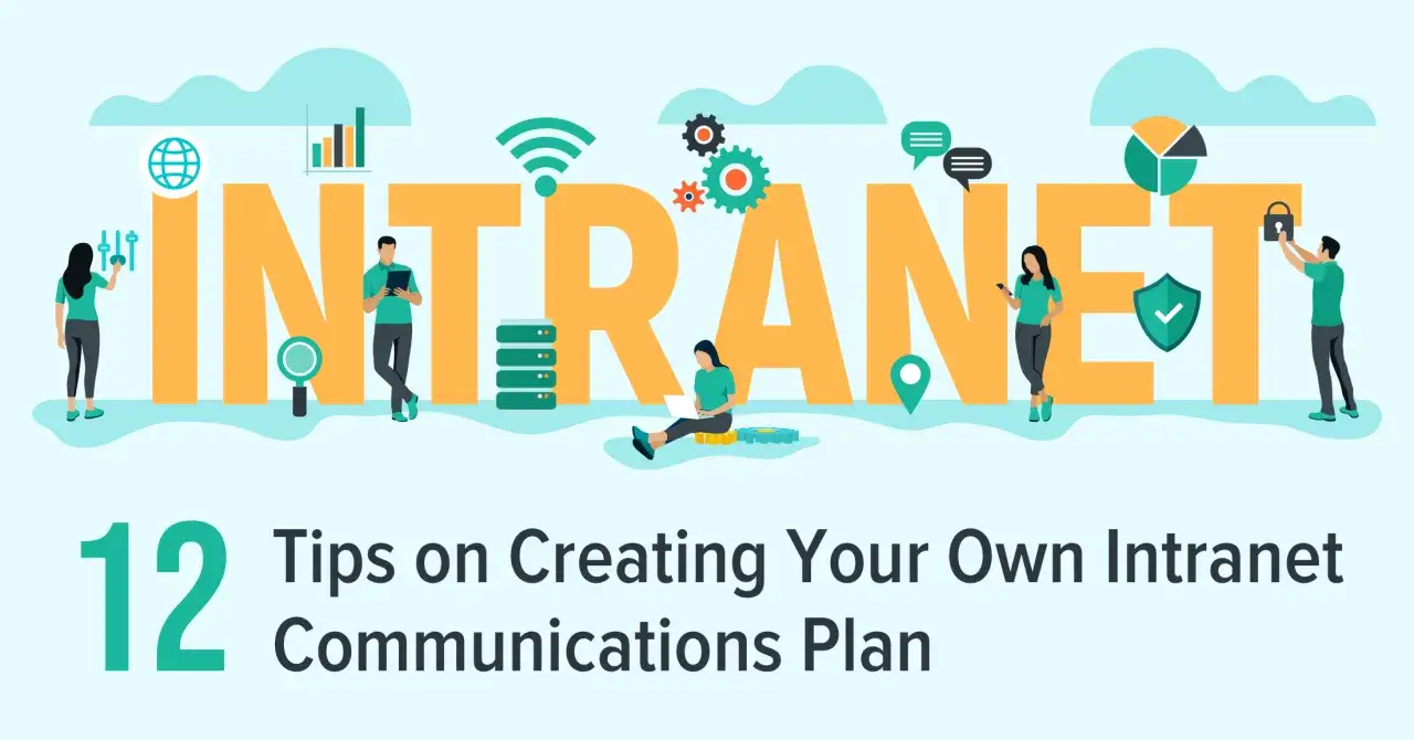 An internal communications consultant might use this graphic to illustrate intranet planning. It shows people interacting with large letters spelling 