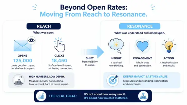 Infographic comparing "Reach" (opens, clicks) to "Resonance" (insight, engagement, action) for measuring internal communications.