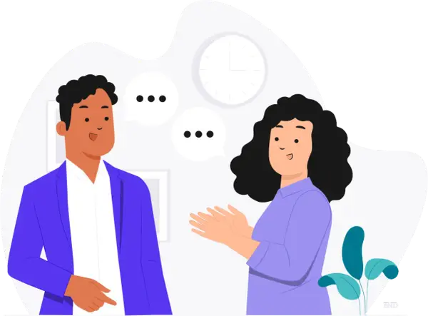 Two people engage in calm communication, with speech bubbles indicating their conversation. A clock hangs in the background.